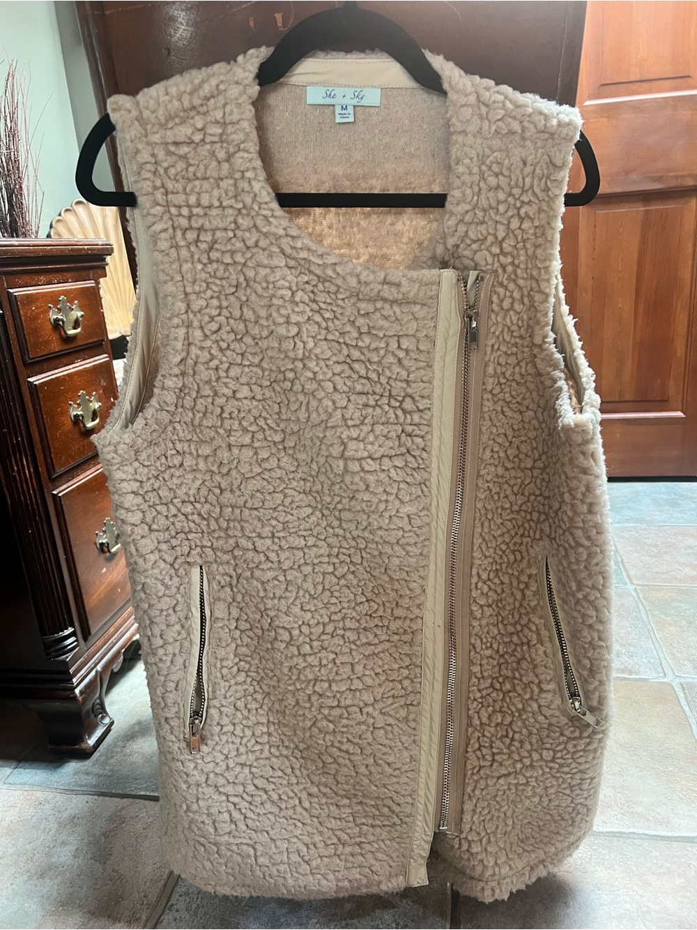 She + Sky Cream Sherpa Zip Vest with Asymmetrical Zipper